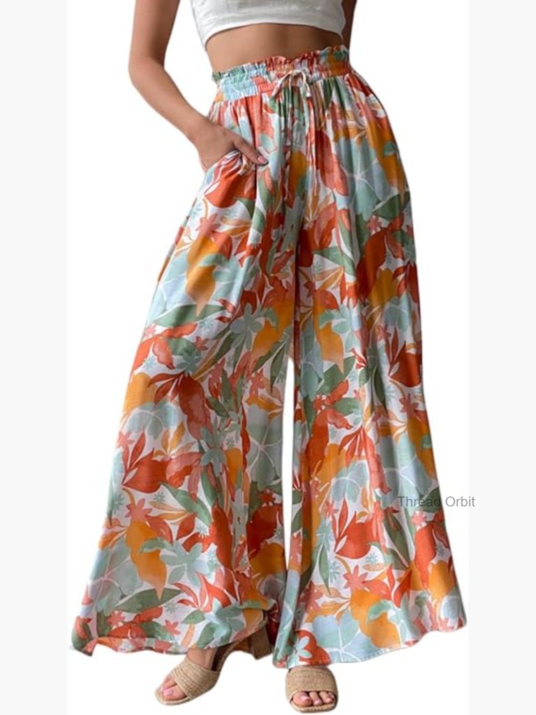 High Waisted Wide Leg Palazzo Pants, Summer Casual Flowy Trousers, Polyester